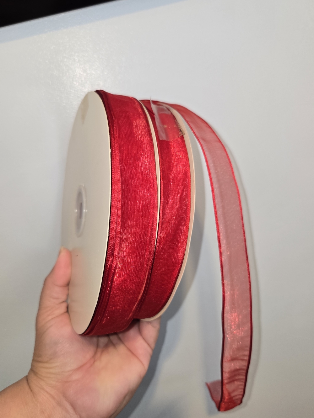 2 Vintage Red Glimmer Semi Sheer Wire Edge Ribbon - Filene's Gift Wrap Office